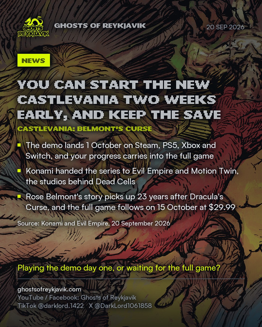 You can start the new Castlevania two weeks early, and keep the save. The demo lands 1 October on Steam, PS5, Xbox and Switch, and your progress carries into the full game. Konami handed the series to Evil Empire and Motion Twin, the studios behind Dead Cells. Rose Belmont's story picks up 23 years after Dracula's Curse, and the full game follows on 15 October at $29.99