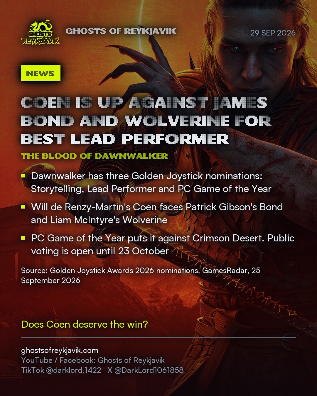 Coen is up against James Bond and Wolverine for Best Lead Performer. Dawnwalker has three Golden Joystick nominations: Storytelling, Lead Performer and PC Game of the Year. Will de Renzy-Martin's Coen faces Patrick Gibson's Bond and Liam McIntyre's Wolverine. PC Game of the Year puts it against Crimson Desert. Public voting is open until 23 October