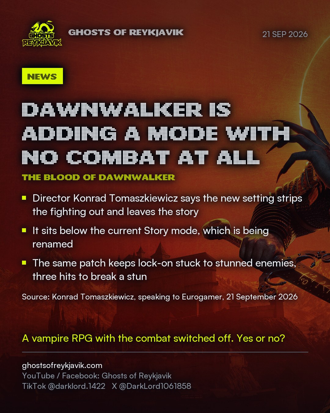 Dawnwalker is adding a mode with no combat at all. Director Konrad Tomaszkiewicz says the new setting strips the fighting out and leaves the story. It sits below the current Story mode, which is being renamed. The same patch keeps lock-on stuck to stunned enemies, three hits to break a stun