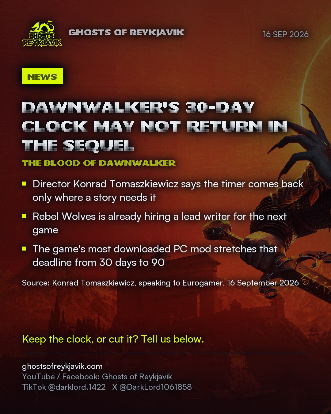 Dawnwalker's 30-day clock may not return in the sequel. Director Konrad Tomaszkiewicz says the timer comes back only where a story needs it. Rebel Wolves is already hiring a lead writer for the next game. The game's most downloaded PC mod stretches that deadline from 30 days to 90