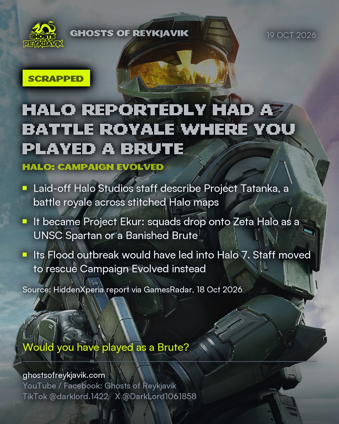 Halo reportedly had a battle royale where you played a Brute. Laid-off Halo Studios staff describe Project Tatanka, a battle royale across stitched Halo maps. It became Project Ekur: squads drop onto Zeta Halo as a UNSC Spartan or a Banished Brute. Its Flood outbreak would have led into Halo 7. Staff moved to rescue Campaign Evolved instead