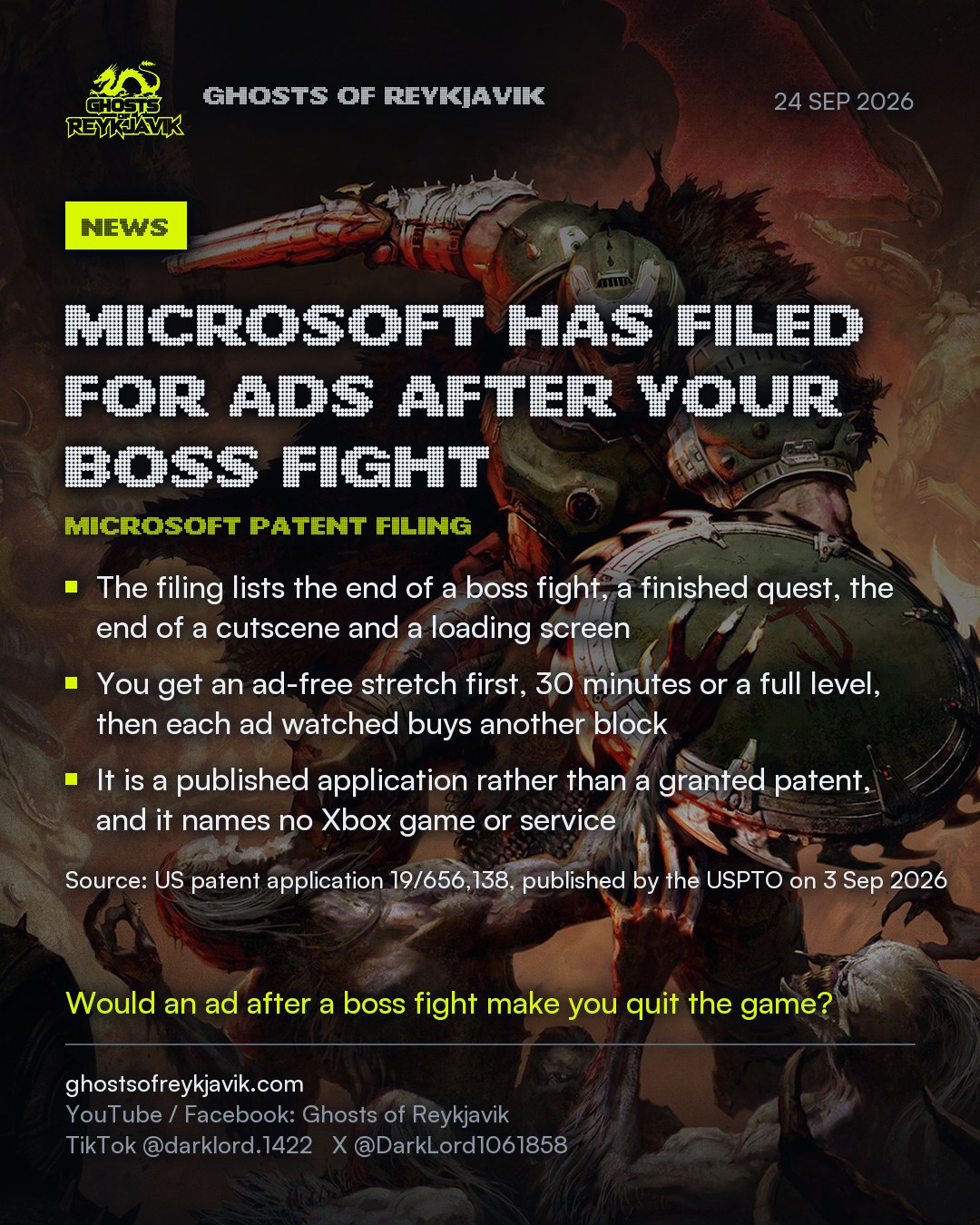 Microsoft has filed for ads after your boss fight. The filing lists the end of a boss fight, a finished quest, the end of a cutscene and a loading screen. You get an ad-free stretch first, 30 minutes or a full level, then each ad watched buys another block. It is a published application rather than a granted patent, and it names no Xbox game or service