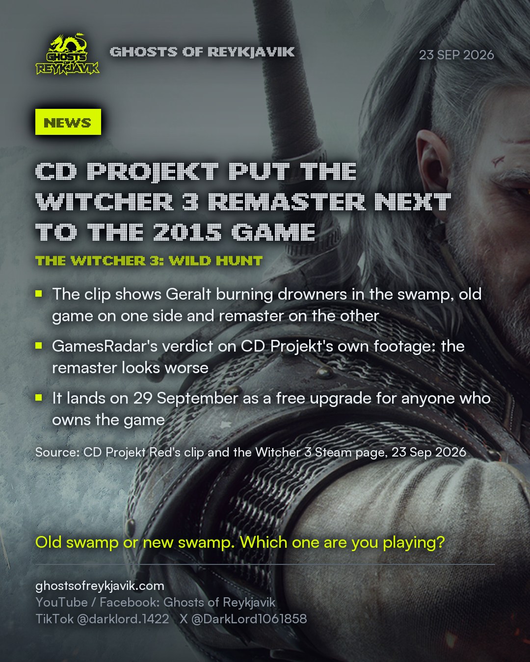 CD Projekt put the Witcher 3 remaster next to the 2015 game. The clip shows Geralt burning drowners in the swamp, old game on one side and remaster on the other. GamesRadar's verdict on CD Projekt's own footage: the remaster looks worse. It lands on 29 September as a free upgrade for anyone who owns the game