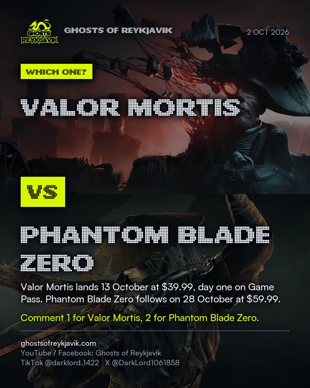 Valor Mortis lands 13 October at $39.99, day one on Game Pass. Phantom Blade Zero follows on 28 October at $59.99..